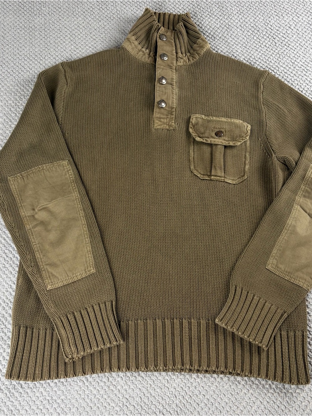 Polo by Ralph Lauren Olive Green Knit Zip-Front Henley Sweater military patches